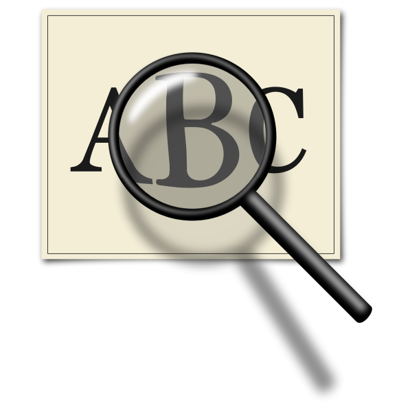 Vector graphics of magnifying glass over piece of paper with letters