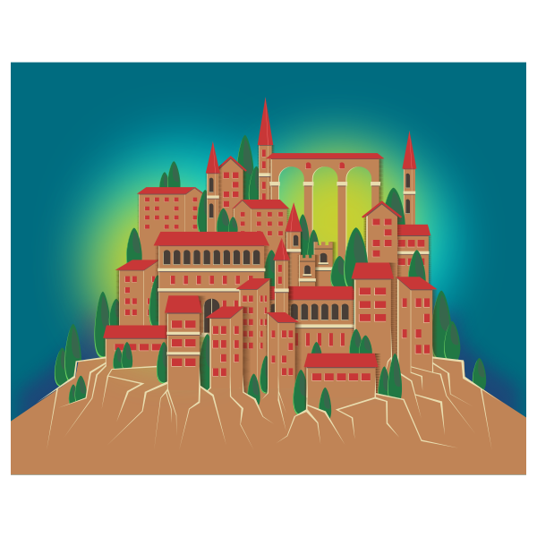 Vector clip art of mountain village in color