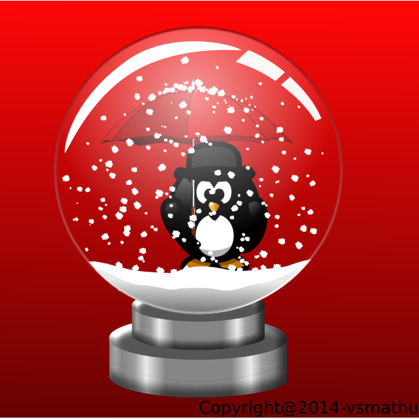Penguin in snow globe on red background vector drawing