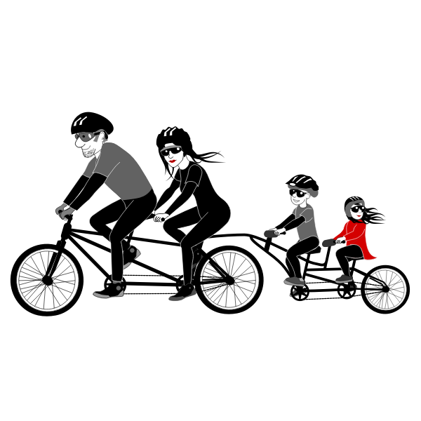 Four person family riding a tandem bike vector drawing