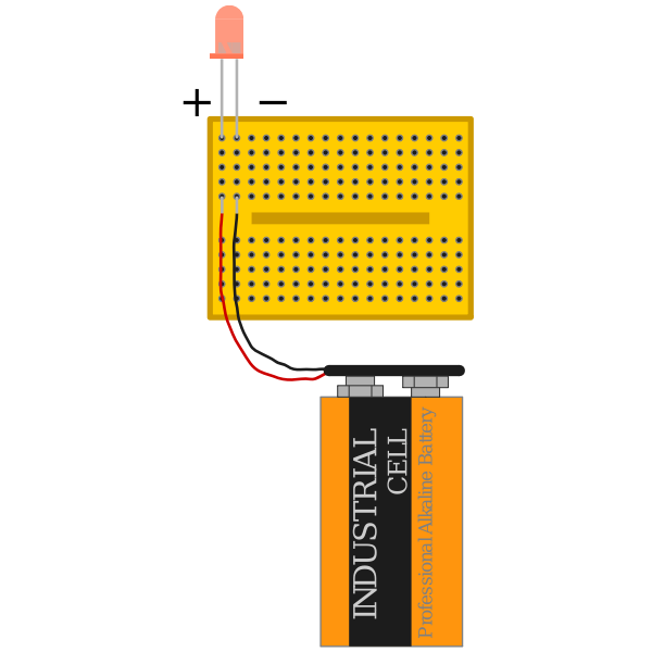 red led with 9 V battery connected via breadboard with polarity