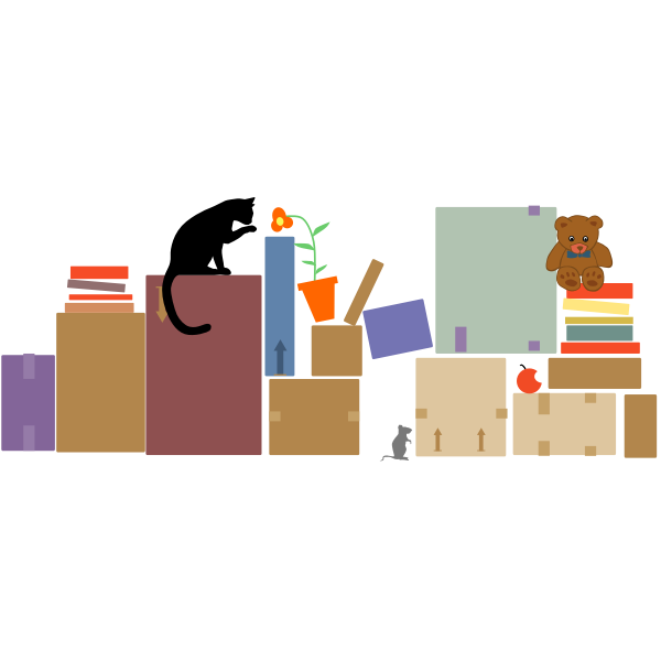 Vector illustration of cat, mouse and teddy between packed boxes