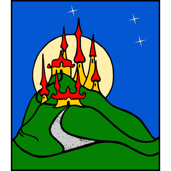 A magical castle on top of a hill, visible only during the full moon