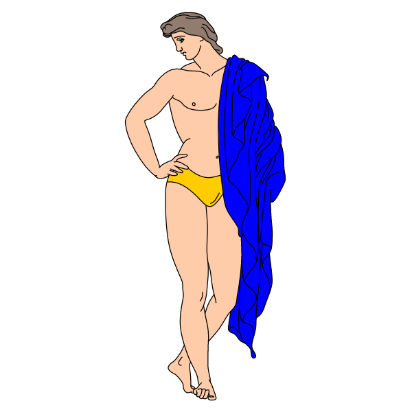 A man stands on the beach with a large towel slung over his shoulder