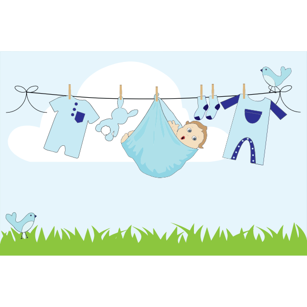 Comic baby boy on a clothesline