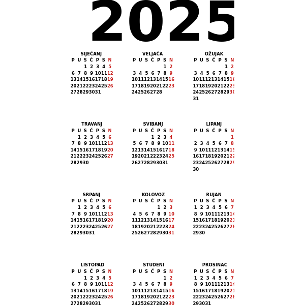 Calendar for 2025 (in Croatian)