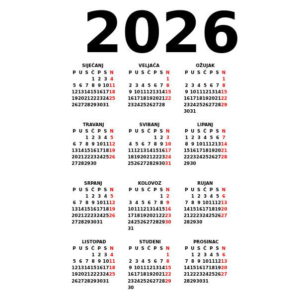 Calendar for 2026 (in Croatian)