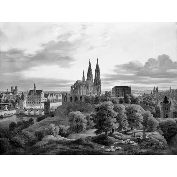 Illustration of of medieval town panorama in gray color