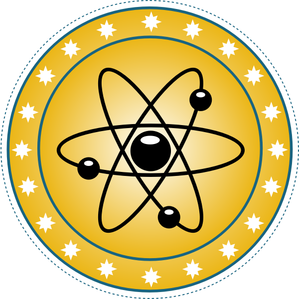 Vector drawing of atomic badge set in gold