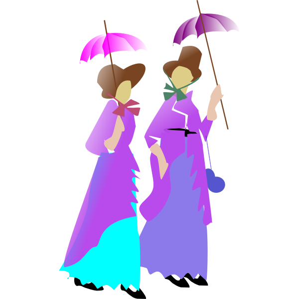 Illustration of two ladies walking in purple dresses