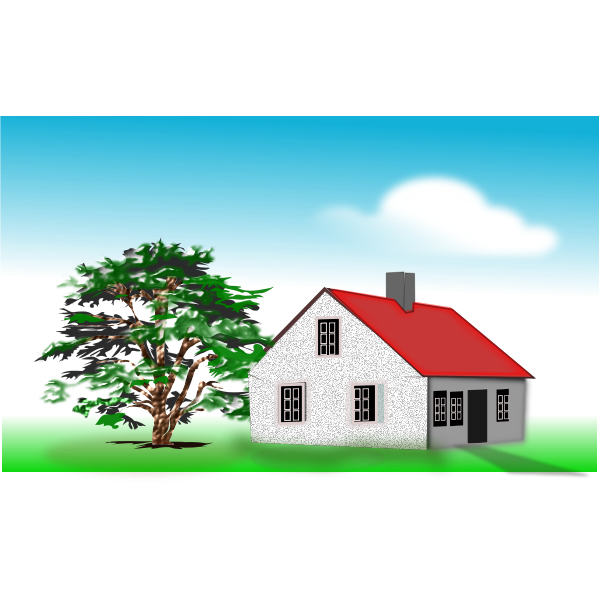 Vector clip art of large house next to an old tree