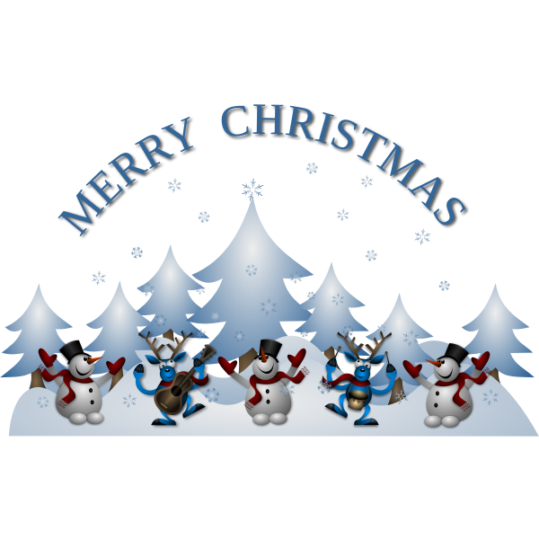 Snowman and dancing raindeer with guitar Merry Christmas greeting card vector illustration