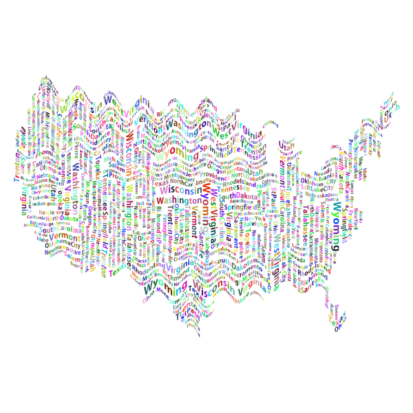 Prismatic Ripples America States And Capitals Word Cloud No Background