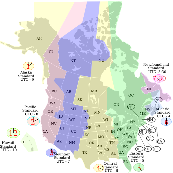 Vector map of USA and Canada time zones