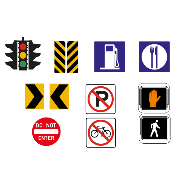 Vector drawing of selection of traffic road signs in color