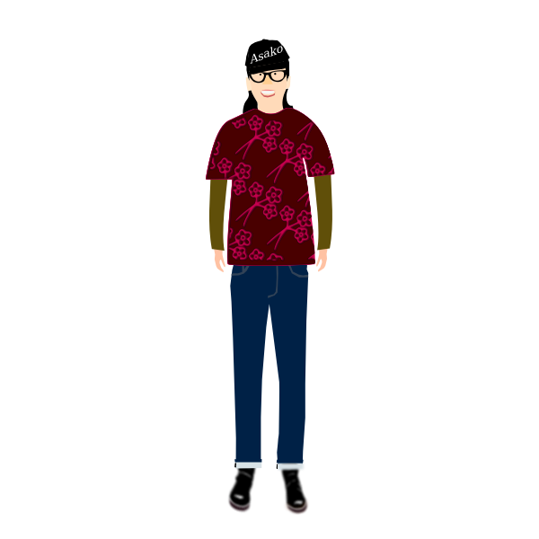 Vector drawing of trendy guy in t- shirt with plum pattern