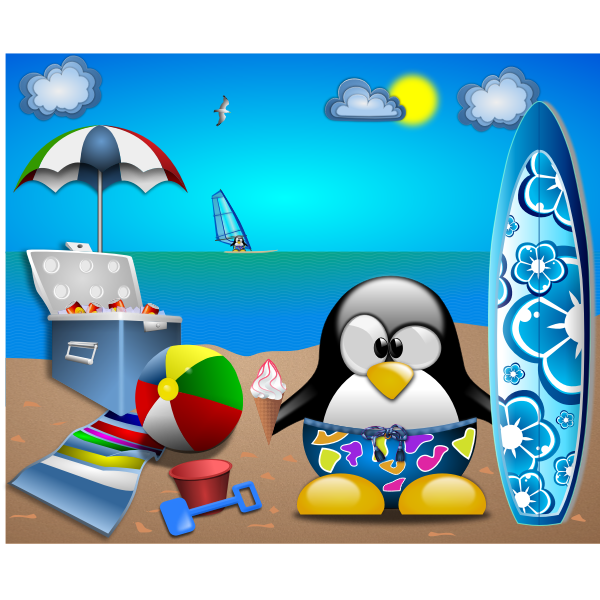 Tux at the beach vector clip art