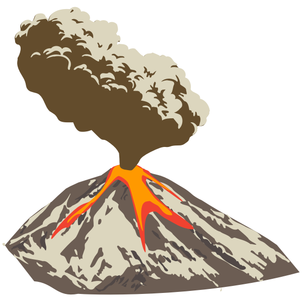 Erupting volcano with ash plume and lava flow