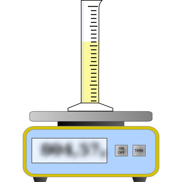 Waage mit Messzylinder und gelber Fluessigkeit