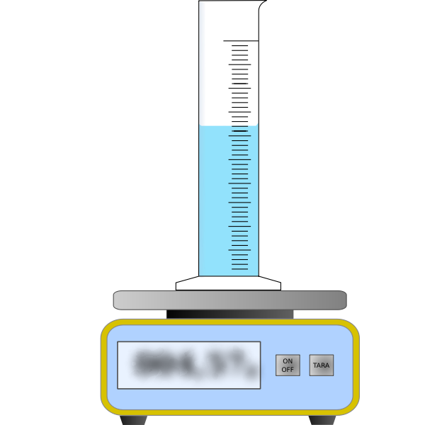 Waage mit breitem Messzylinder und blauer Fluessigkeit