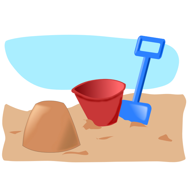 Vector drawing of sandcastle with bucket and spade