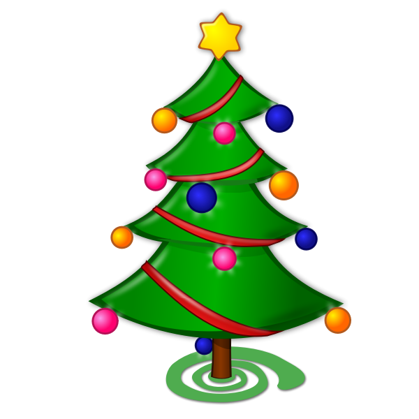 Christmas tree with ornaments and red ribbon vector graphics