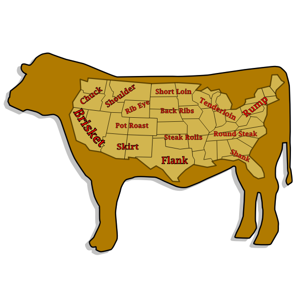 Funny vector illustration of beef cuts