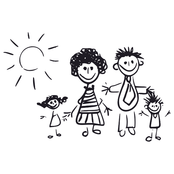 Black and white kid's drawing of a family