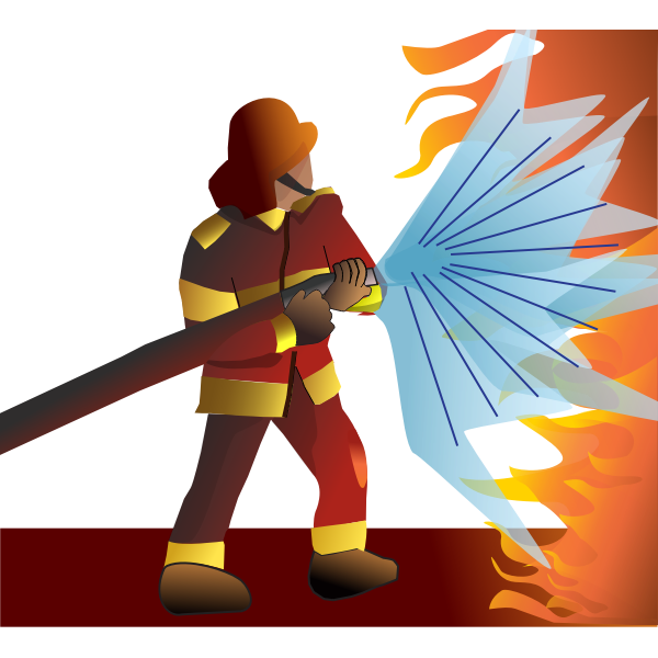 Vector image of helmeted firefighter battles flames