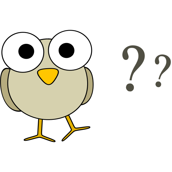 Vector drawing of funny grey cartoon bird with big eyes and some question marks