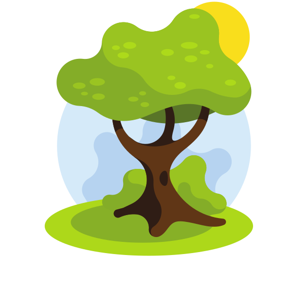 Cartoon Tree with Green Foliage and Sun