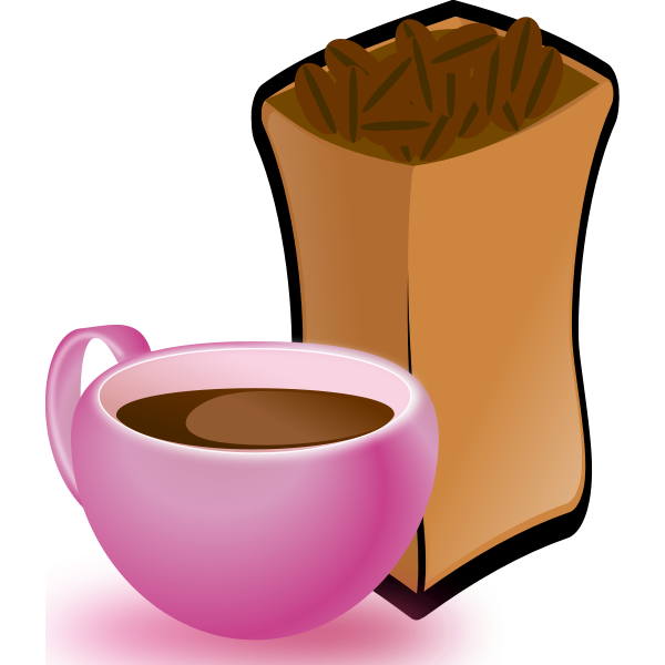 Vector image of pink cup of coffee with sack of coffee beans