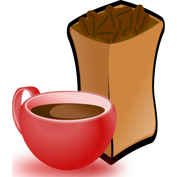 Vector image of red cup of coffee with sack of coffee beans