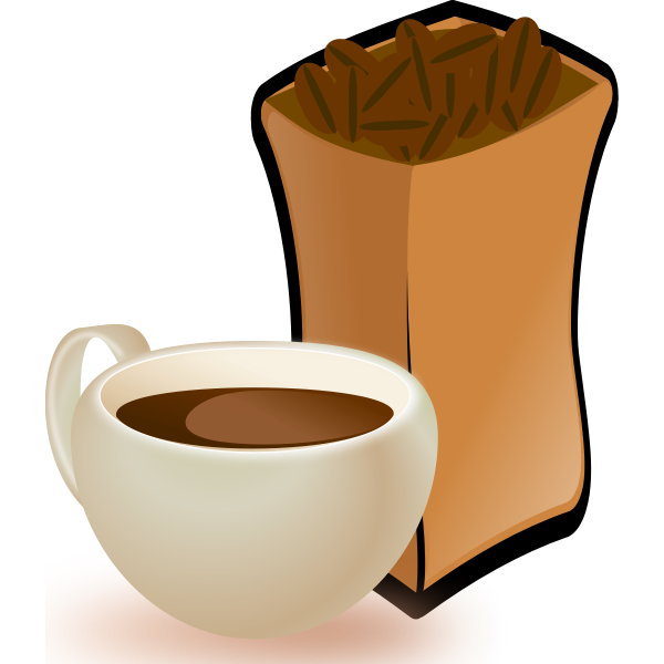 Vector image of beige cup of coffee with sack of coffee beans