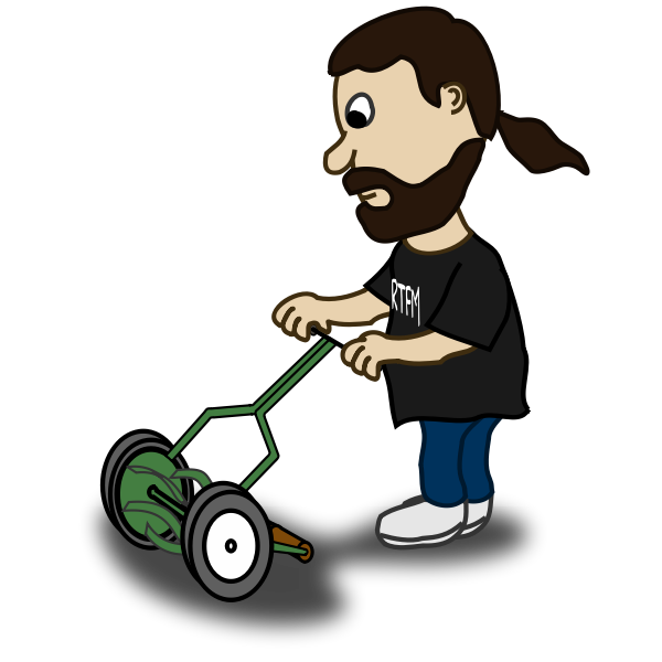 Vector graphics of bearded guy pushing a reel mower