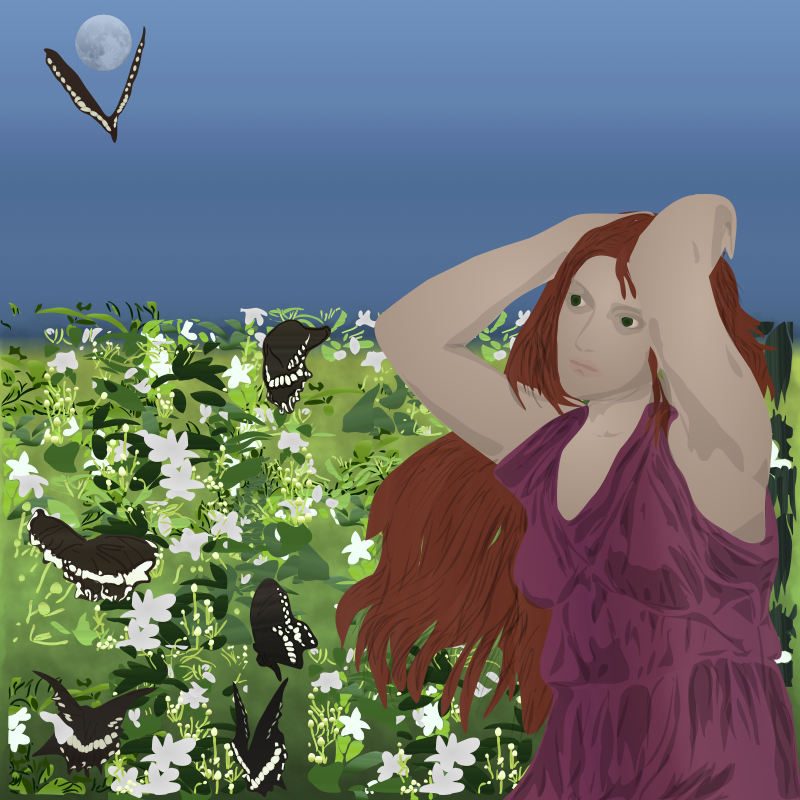 Woman in a Meadow with Butterflies at Night
