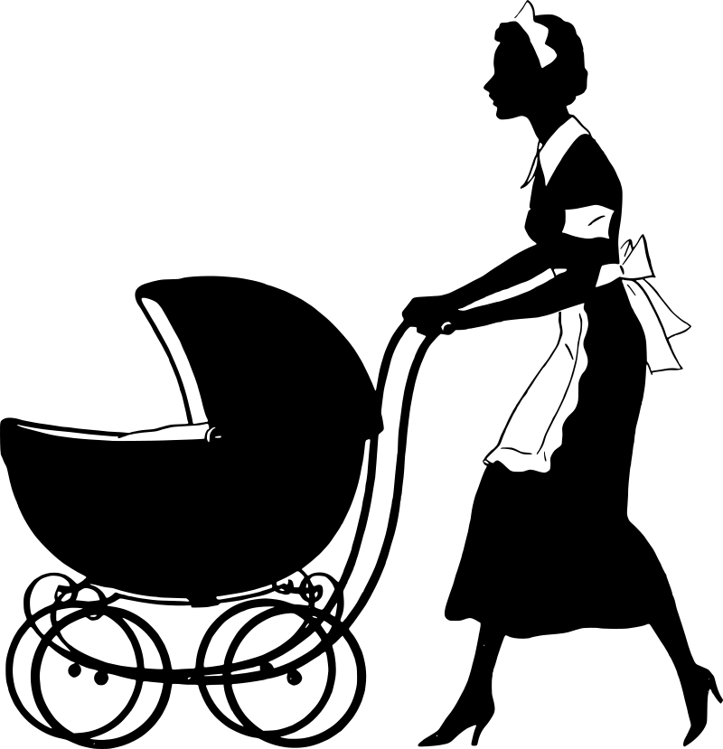 Black and White Silhouette of a Nanny Pushing a Baby Carriage