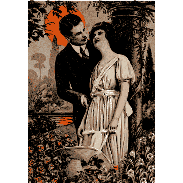 Vector image of man and woman under orange sun