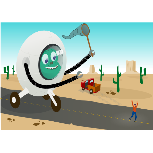 Alien running behind man vector illustration