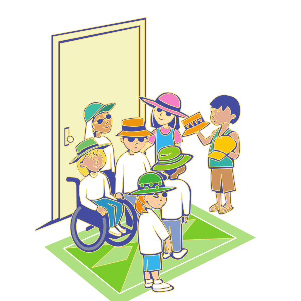 Group of kids with hats in front of door vector illustration