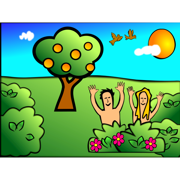 Adam & Eve in garden scenery vector illustration