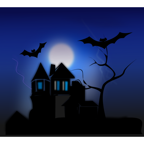 Vector clip art of spooky house with bats flying around