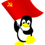 Penguin with waving red flag