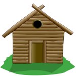 Illustration of wooden house surrounded by grass