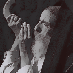 Elderly man blowing a shofar